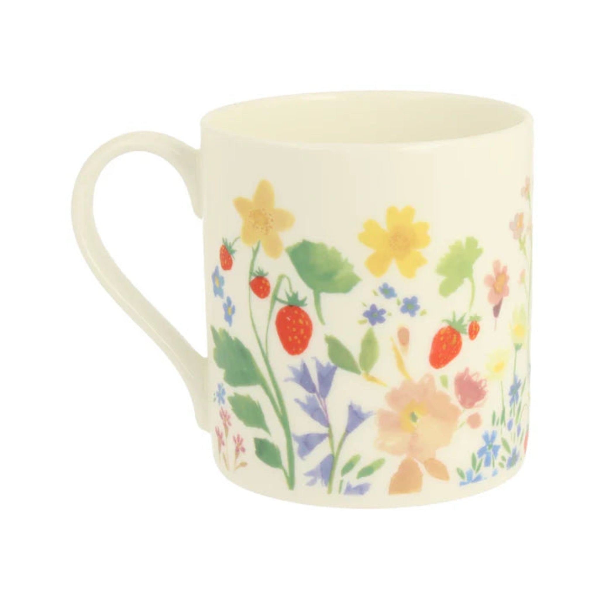 Mug with floral and strawberry pattern on a white background
