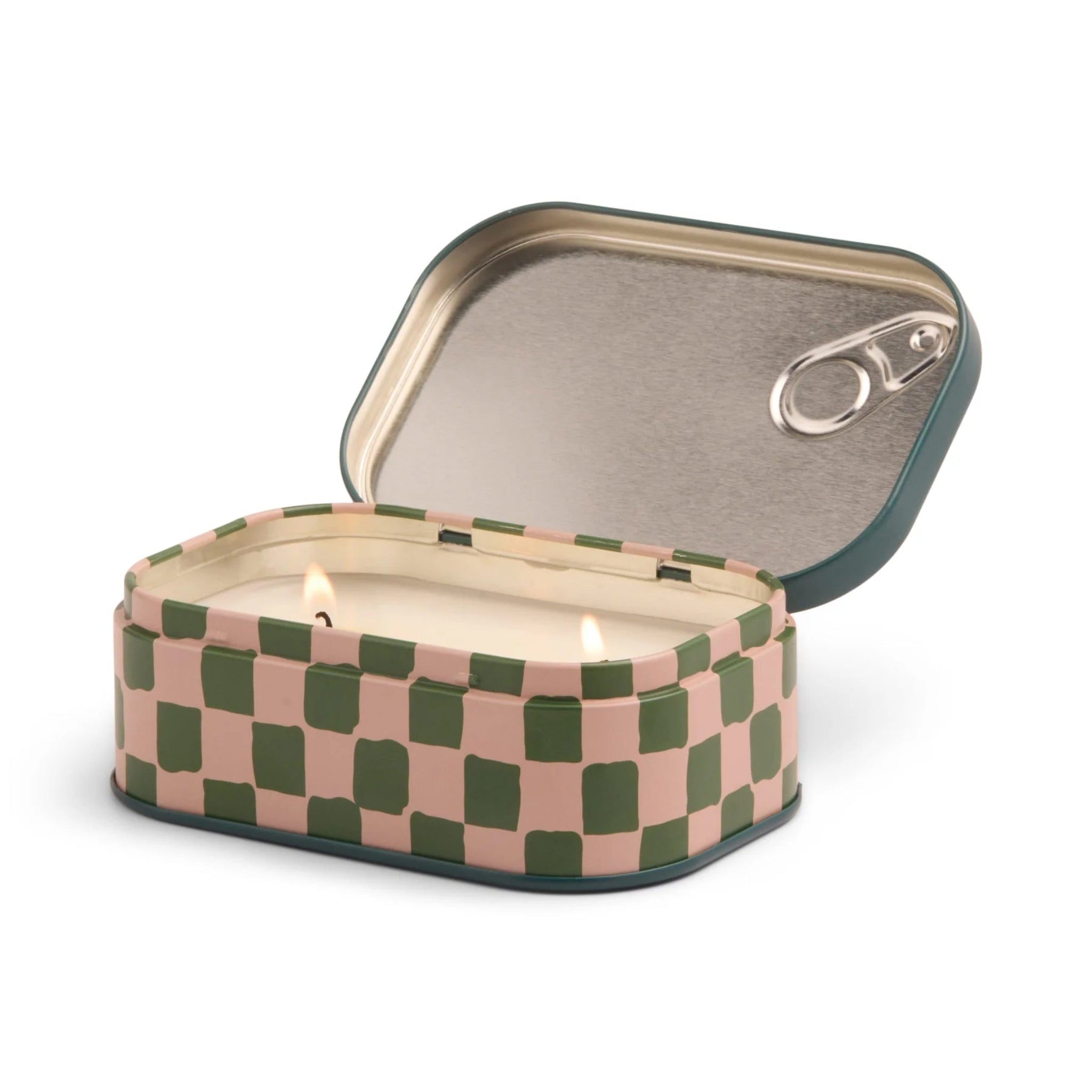 Checkered patterned candle in a tin with a white background