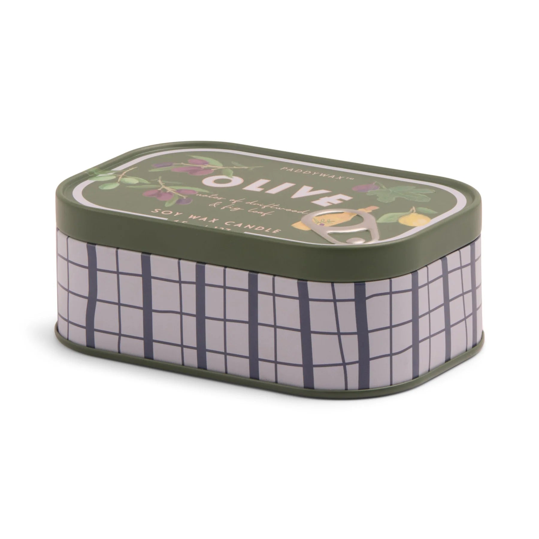 a green and white rectangular tin