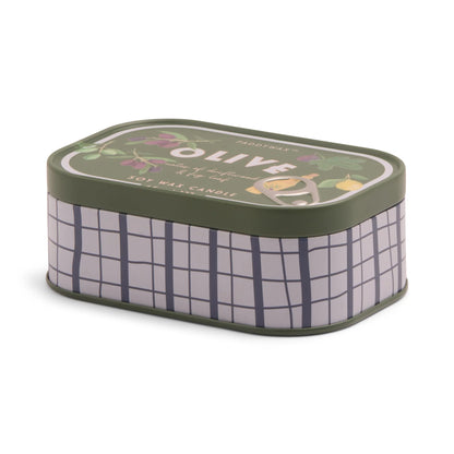 a green and white rectangular tin