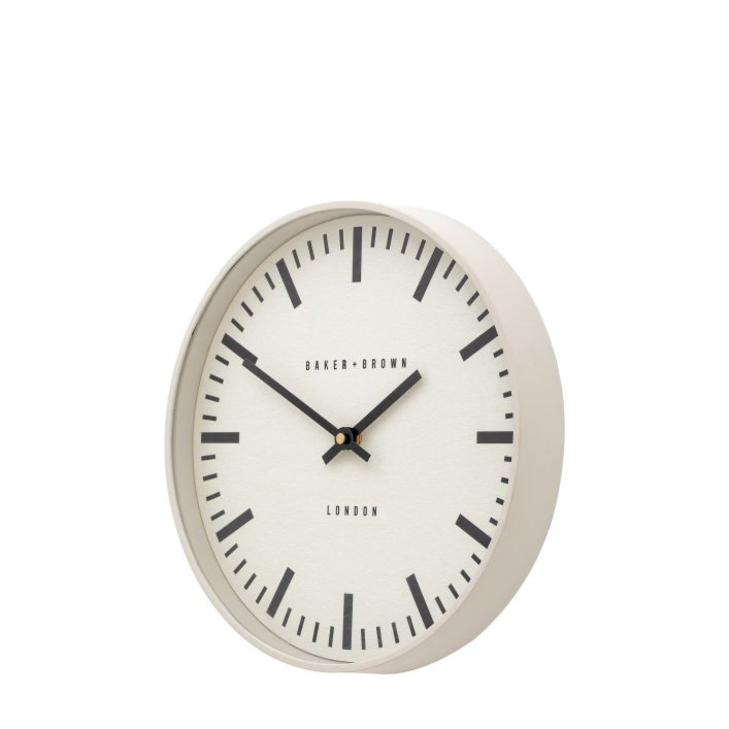 Round wall clock with white face and black hands on a white background