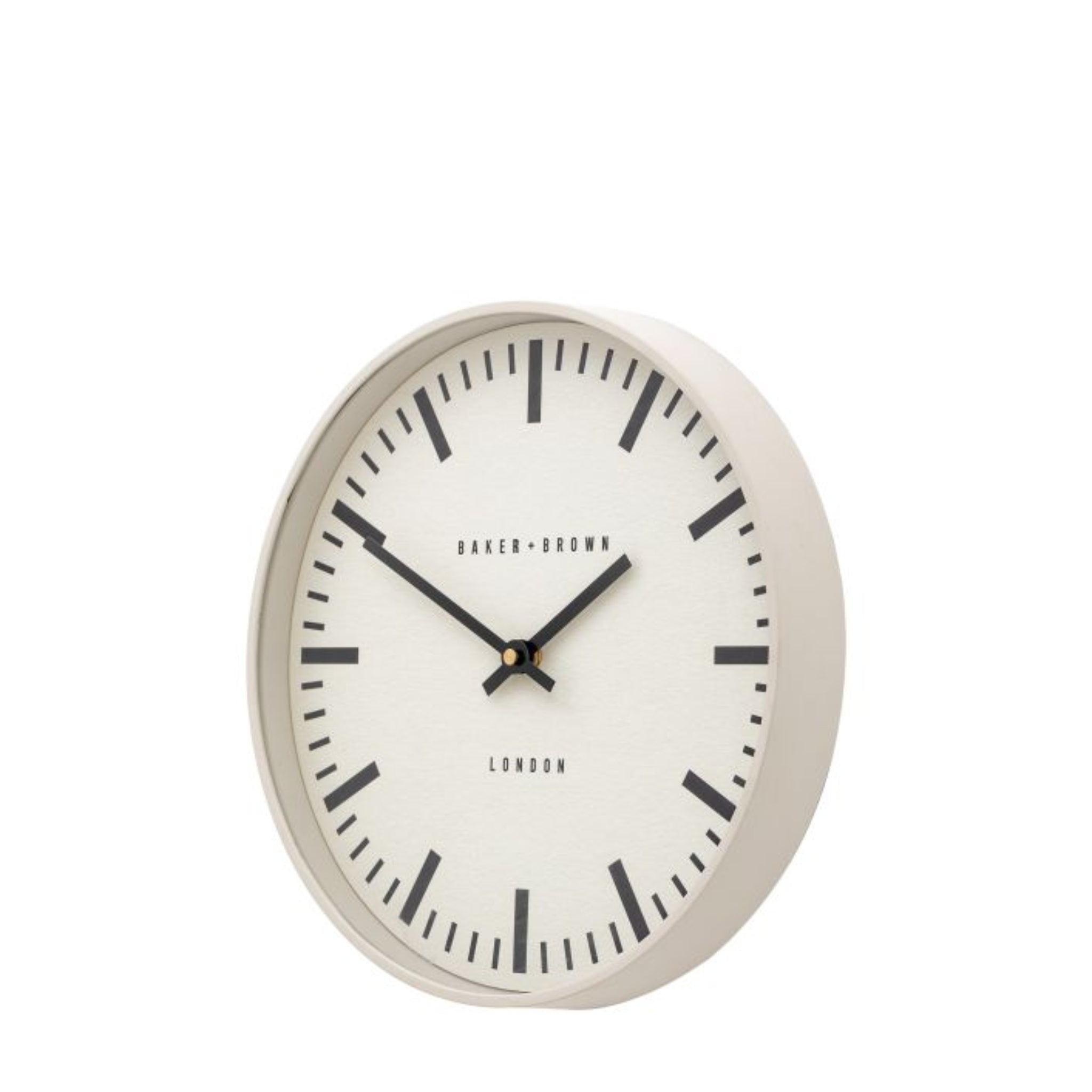 Round wall clock with white face and black hands on a white background