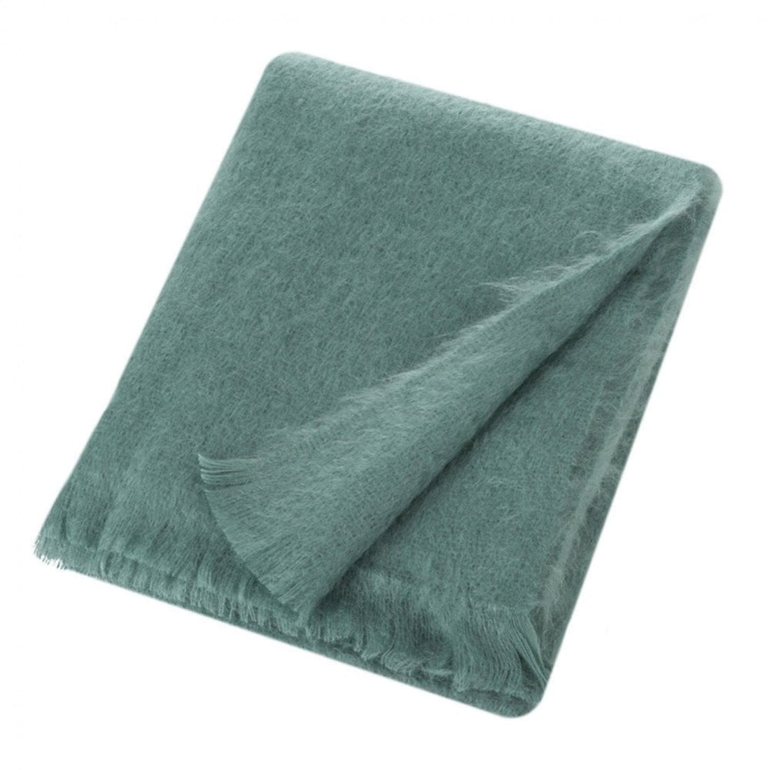 A folded dusty teal green blanket with fringed edges, shown on a solid white background.