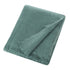 A folded dusty teal green blanket with fringed edges, shown on a solid white background.