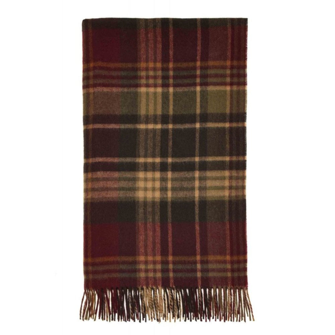 A classic tartan plaid scarf with fringe detailing, featuring a pattern of dark red, black, olive green, and beige stripes, shown flat against a plain white background.