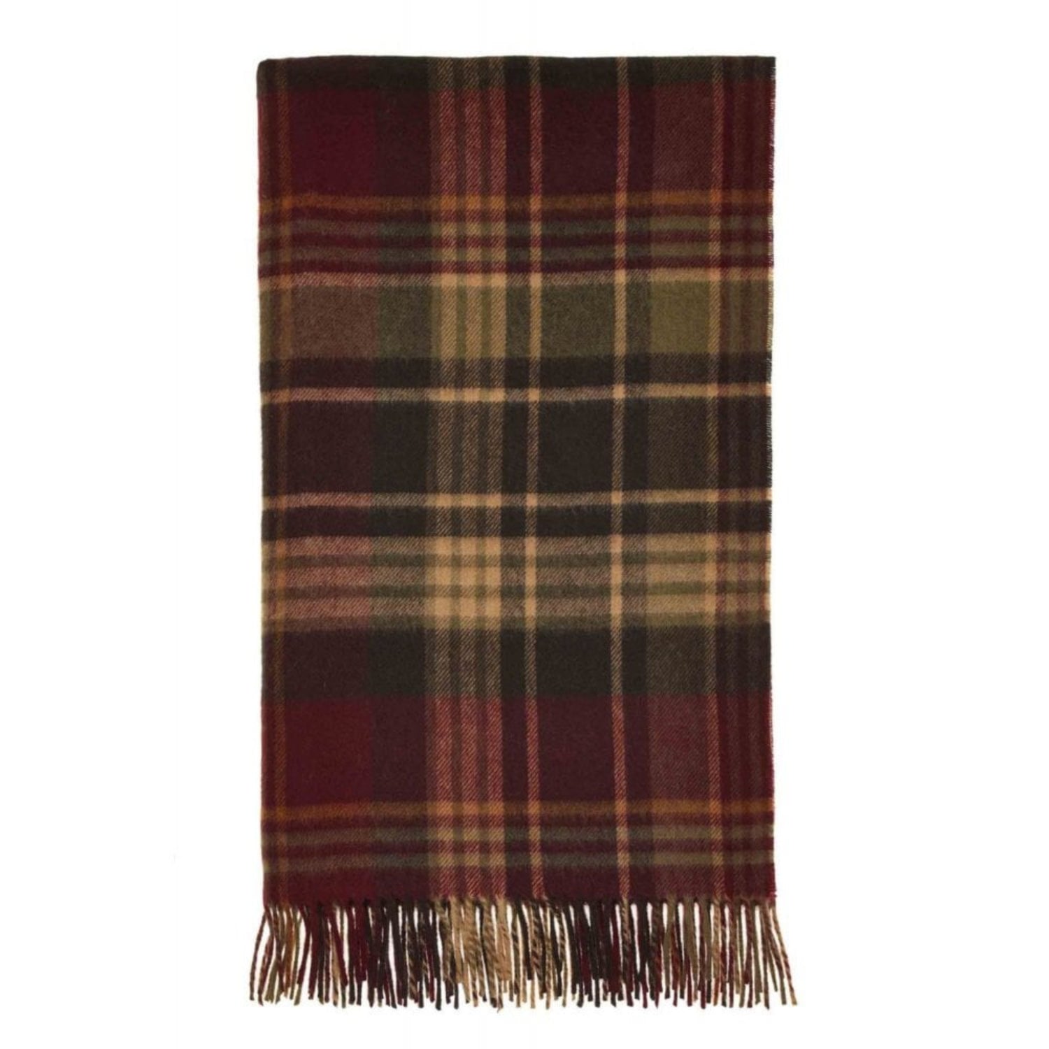 A classic tartan plaid scarf with fringe detailing, featuring a pattern of dark red, black, olive green, and beige stripes, shown flat against a plain white background.