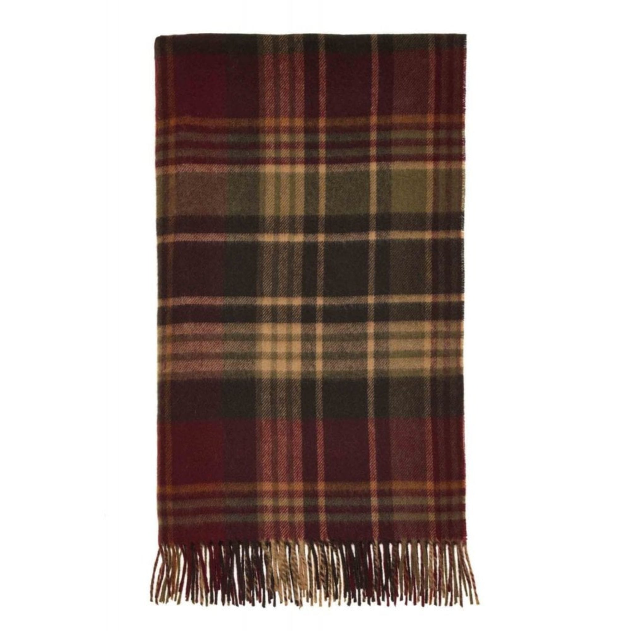 A classic tartan plaid scarf with fringe detailing, featuring a pattern of dark red, black, olive green, and beige stripes, shown flat against a plain white background.