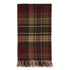 A classic tartan plaid scarf with fringe detailing, featuring a pattern of dark red, black, olive green, and beige stripes, shown flat against a plain white background.