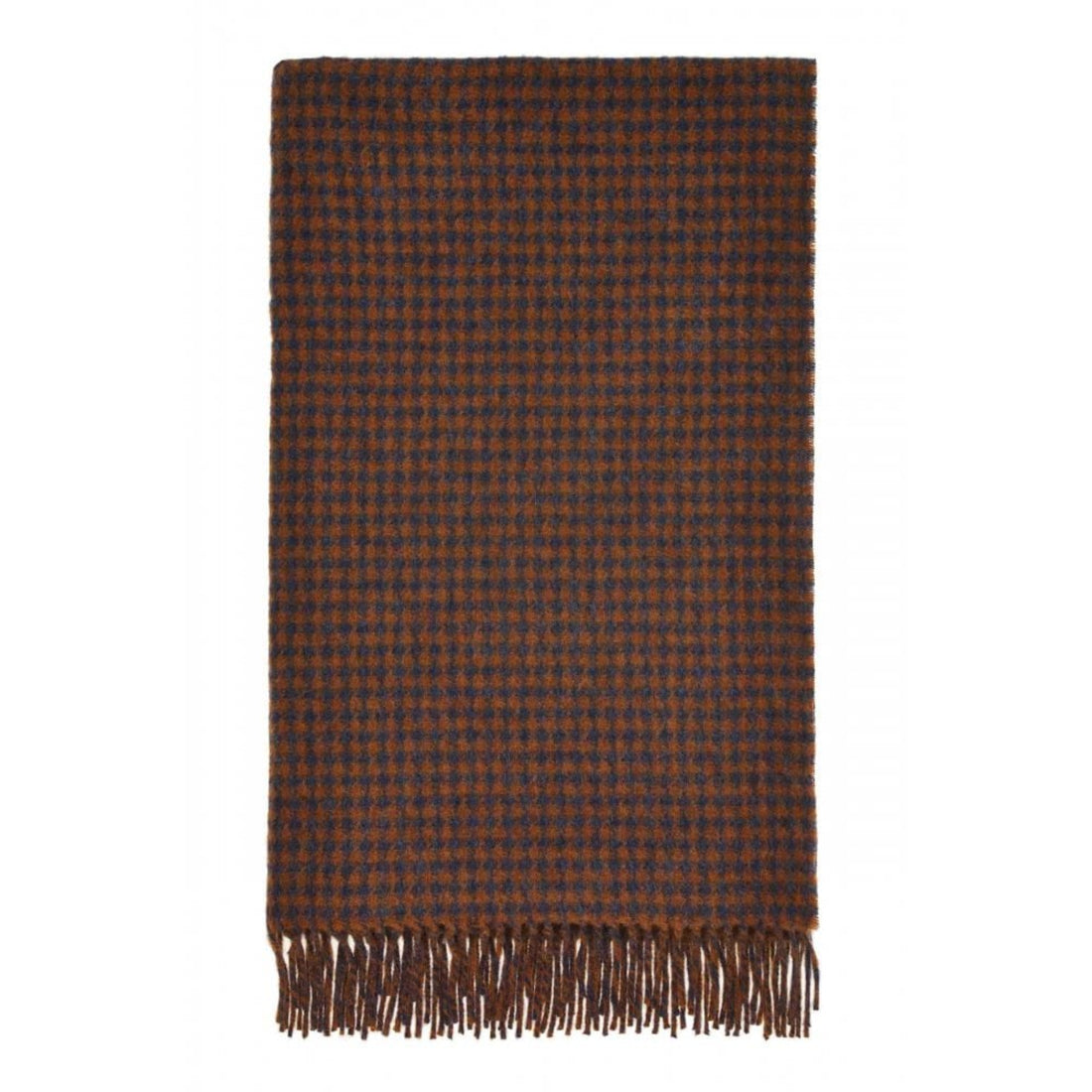 A rectangular woven scarf with a dark brown and black houndstooth pattern and fringed edges, shown flat against a plain white background.