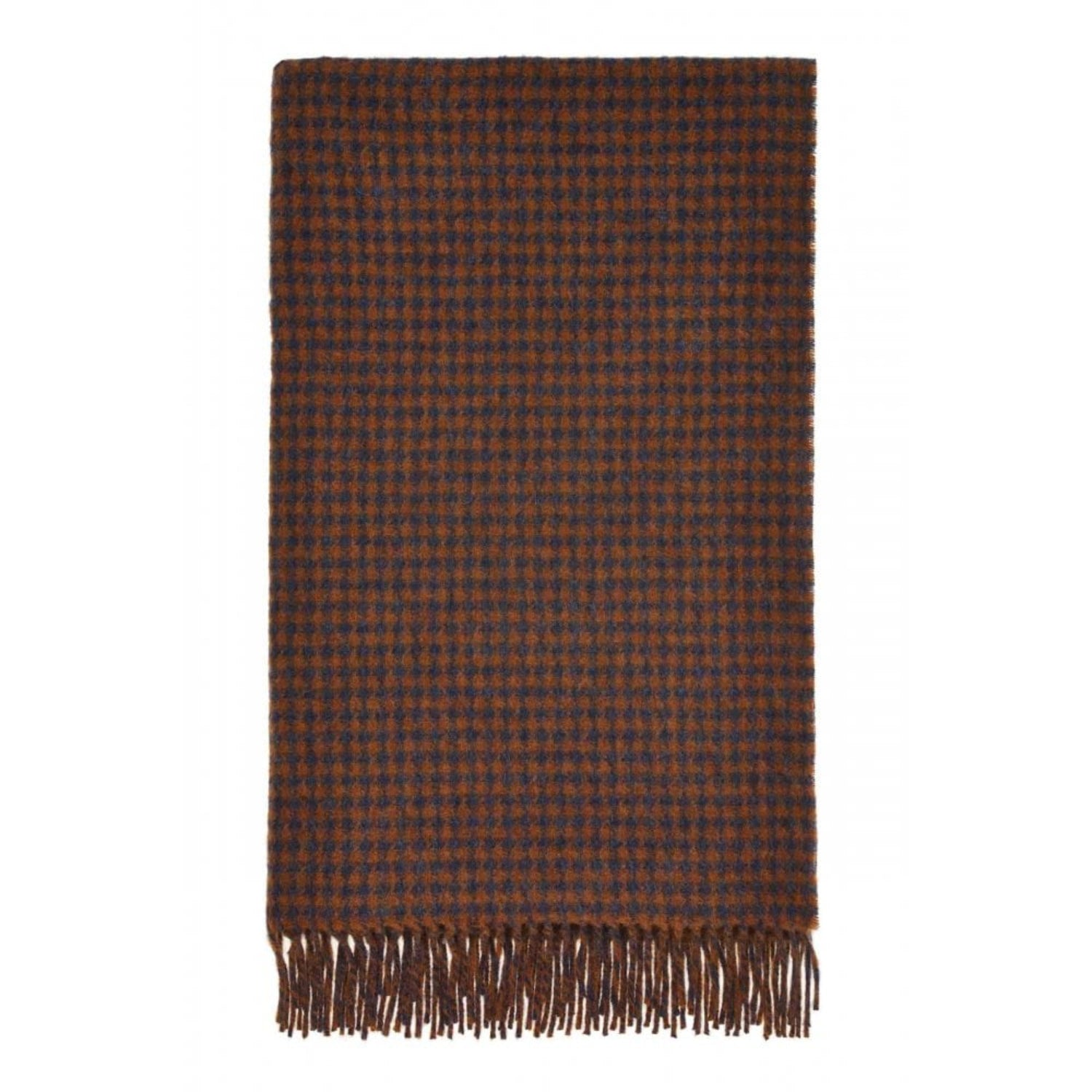 A rectangular woven scarf with a dark brown and black houndstooth pattern and fringed edges, shown flat against a plain white background.