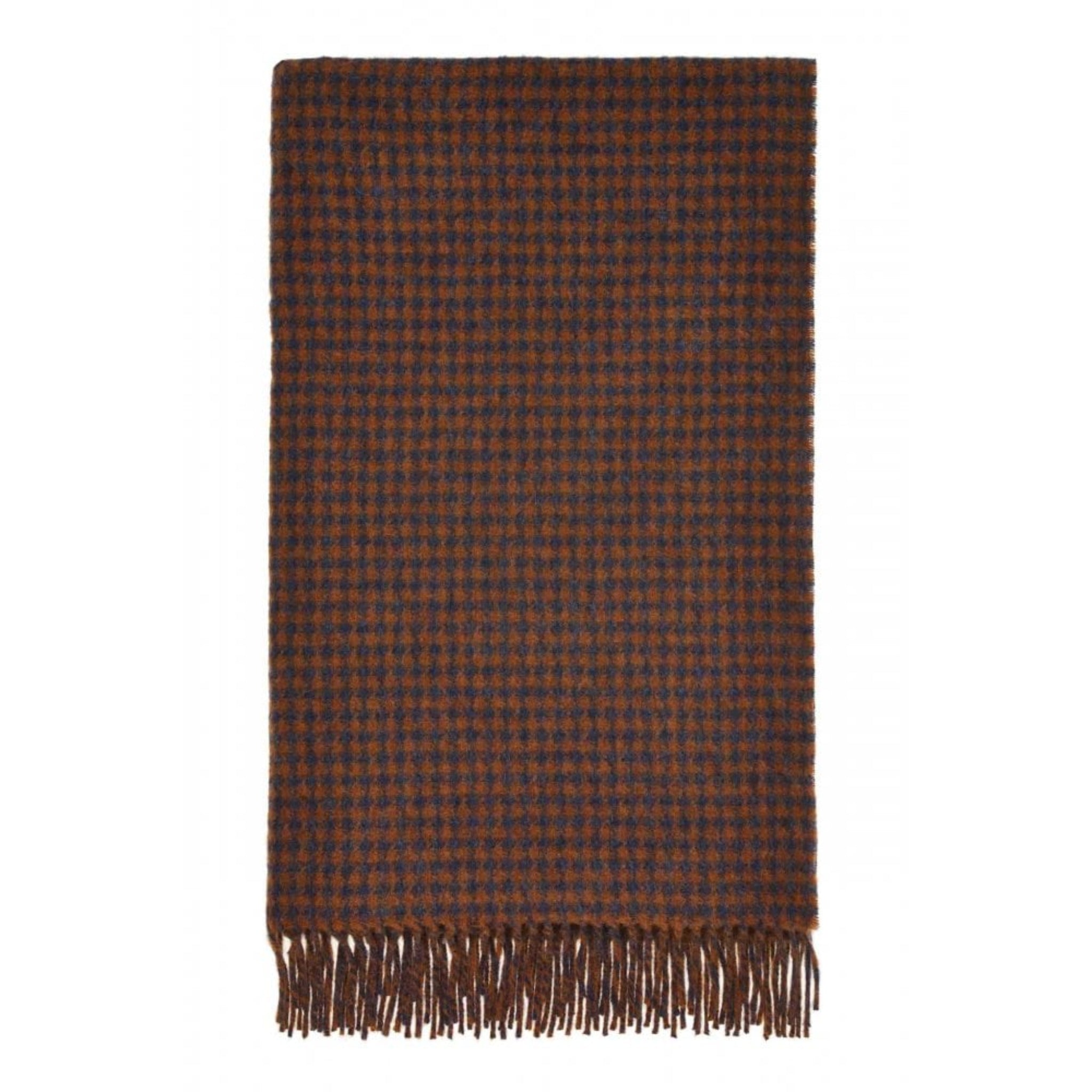 A rectangular woven scarf with a dark brown and black houndstooth pattern and fringed edges, shown flat against a plain white background.