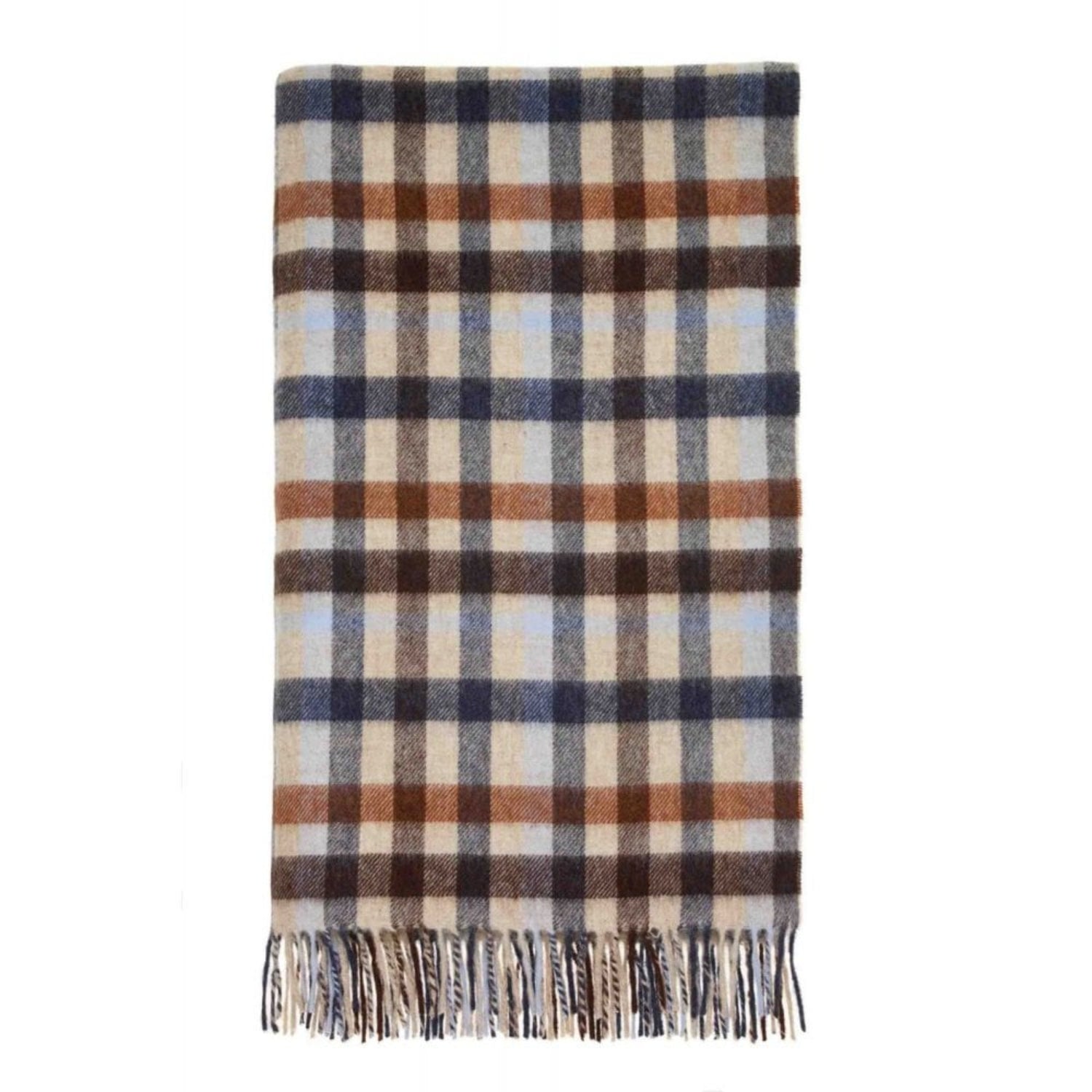 A rectangular plaid scarf with fringed ends, featuring intersecting stripes of navy blue, brown, tan, and light blue on a cream base, shown flat against a white background.