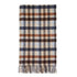 A rectangular plaid scarf with fringed ends, featuring intersecting stripes of navy blue, brown, tan, and light blue on a cream base, shown flat against a white background.