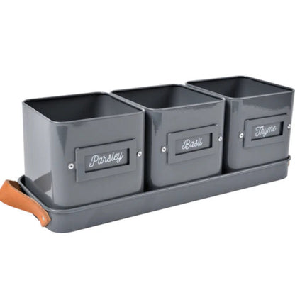 Gray metal herb container set with labels on a white background