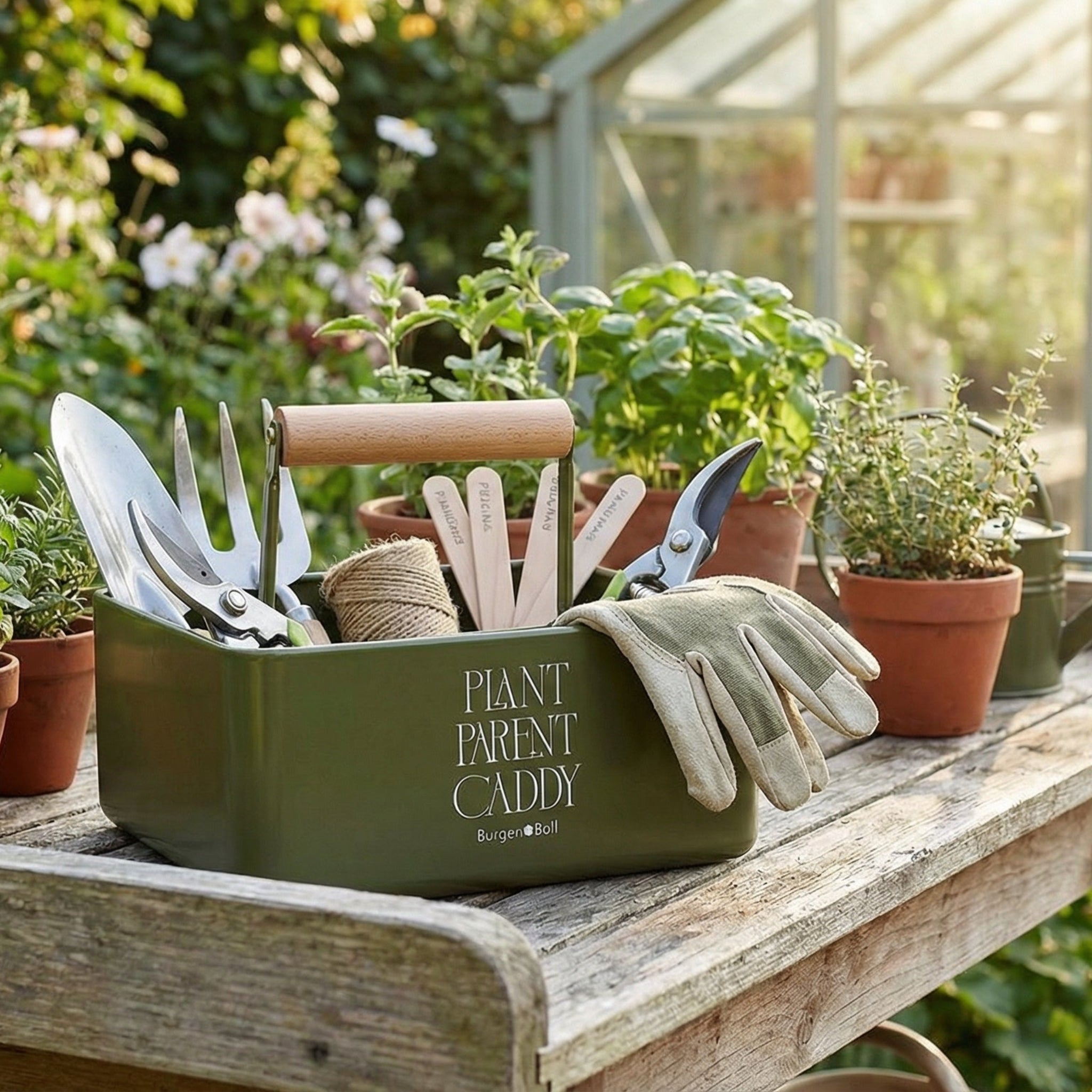 Gardening tools and plants on a wooden table in a greenhouse setting