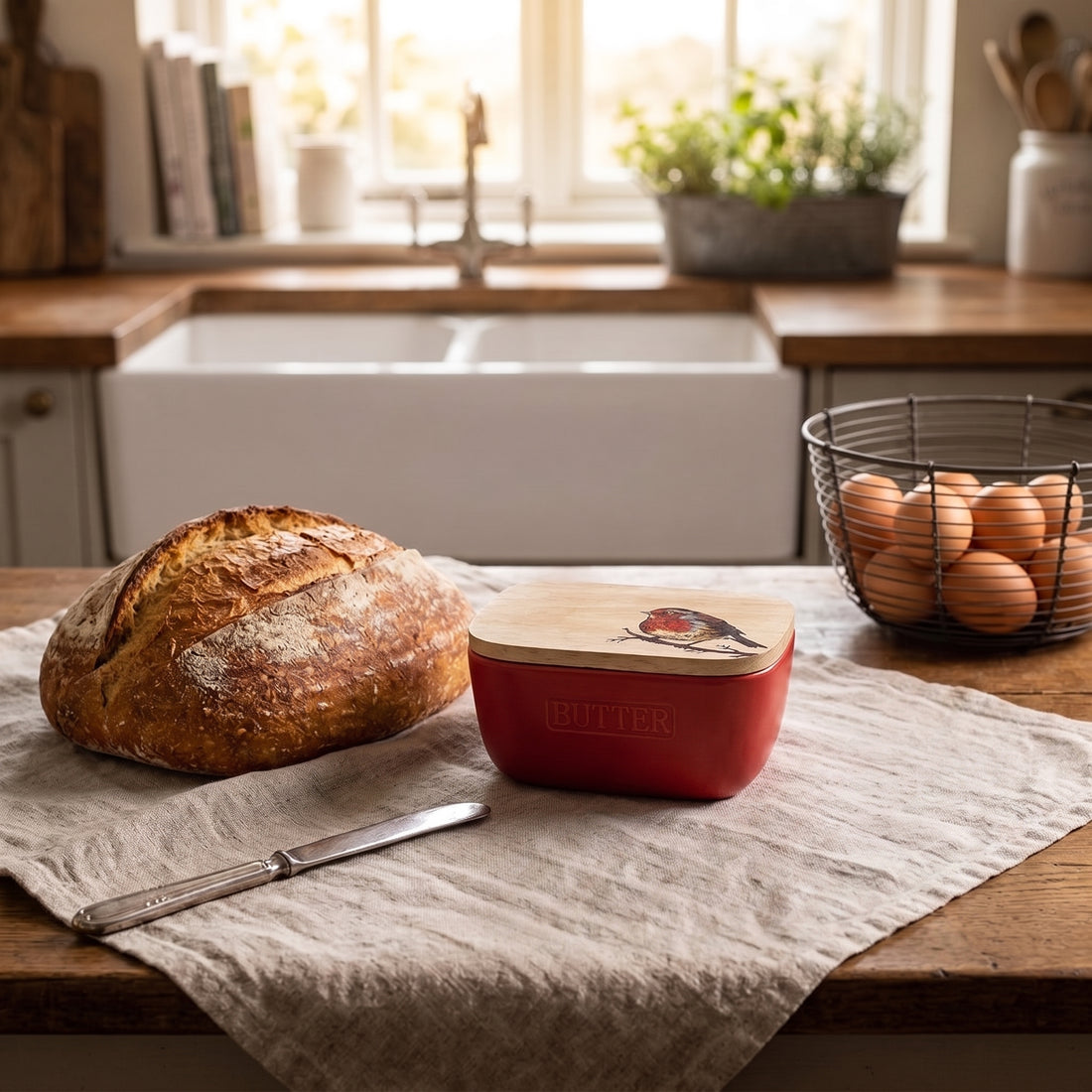 a bread and butter on a kitchen counter