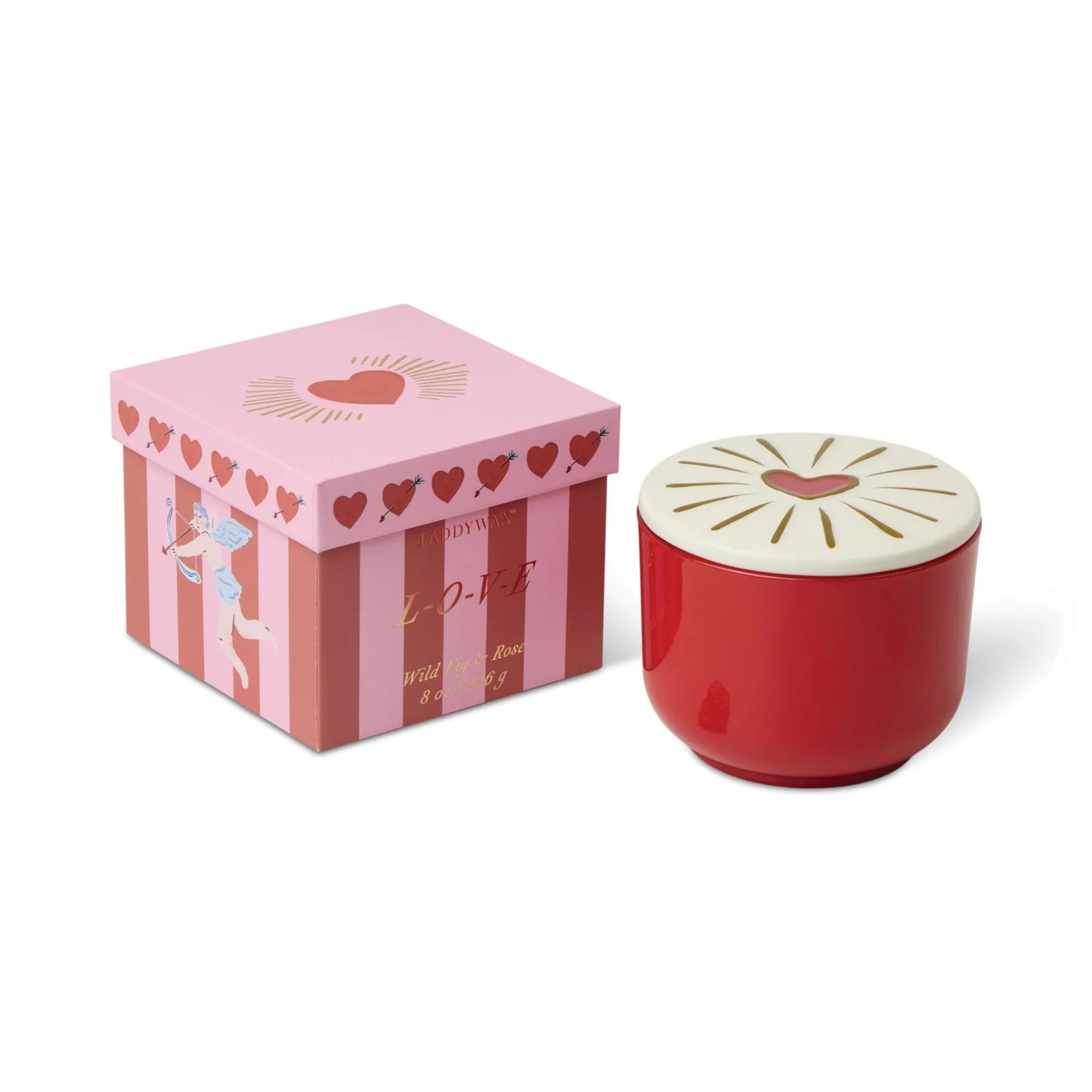 Red container with white lid and pink box featuring hearts on a white background