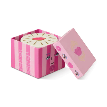 Pink striped box with a lid featuring cartoon faces on a white background