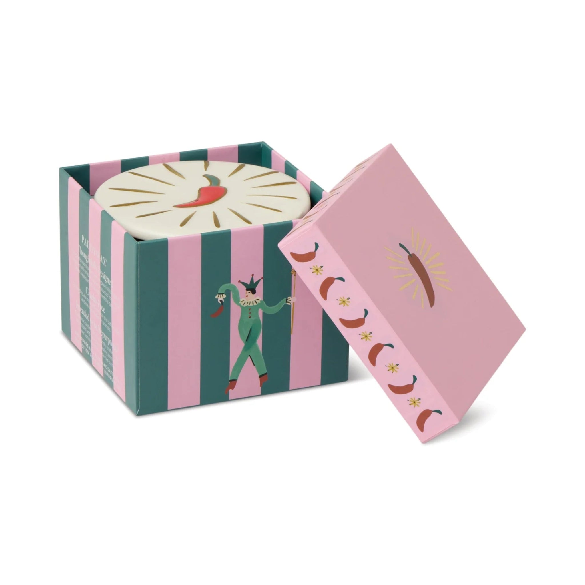 Striped box with a candle and pink lid featuring illustrations on a white background