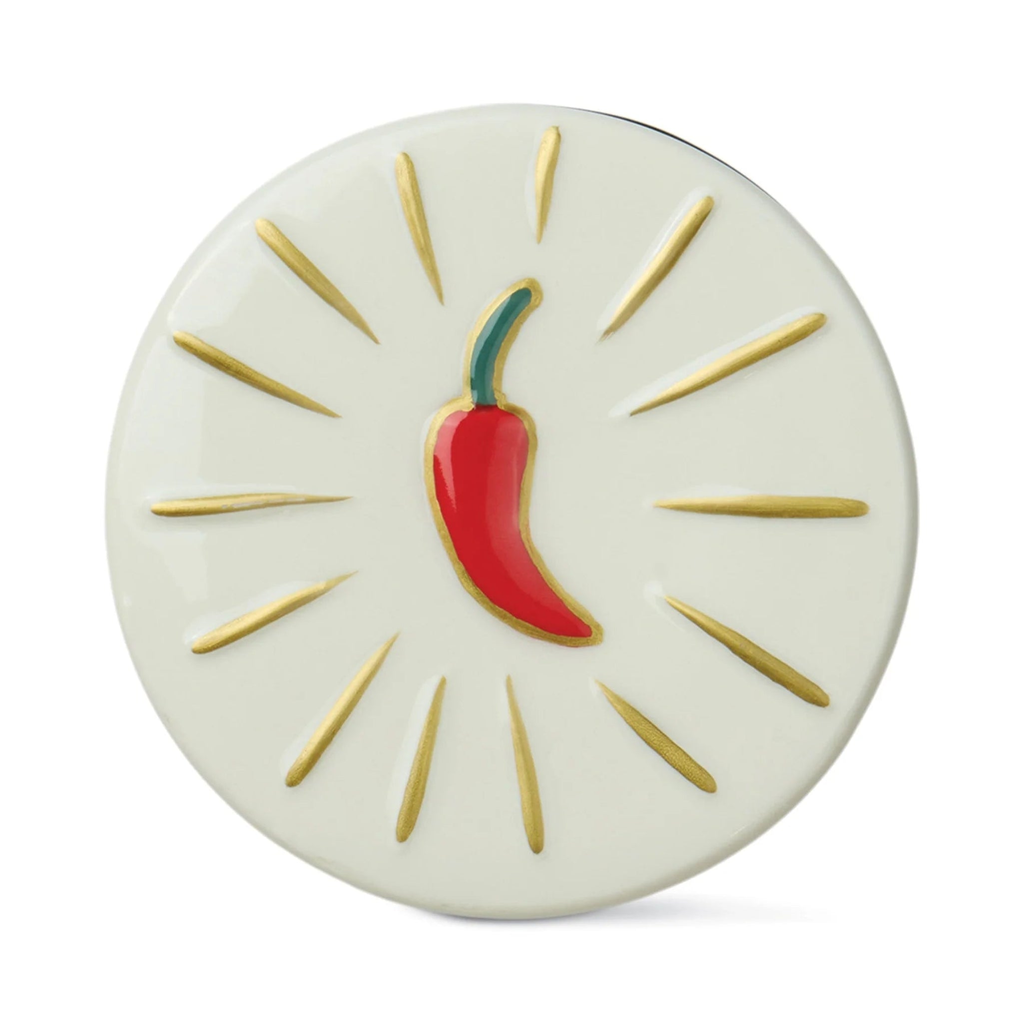 Round ceramic coaster with a red chili pepper design on a white background