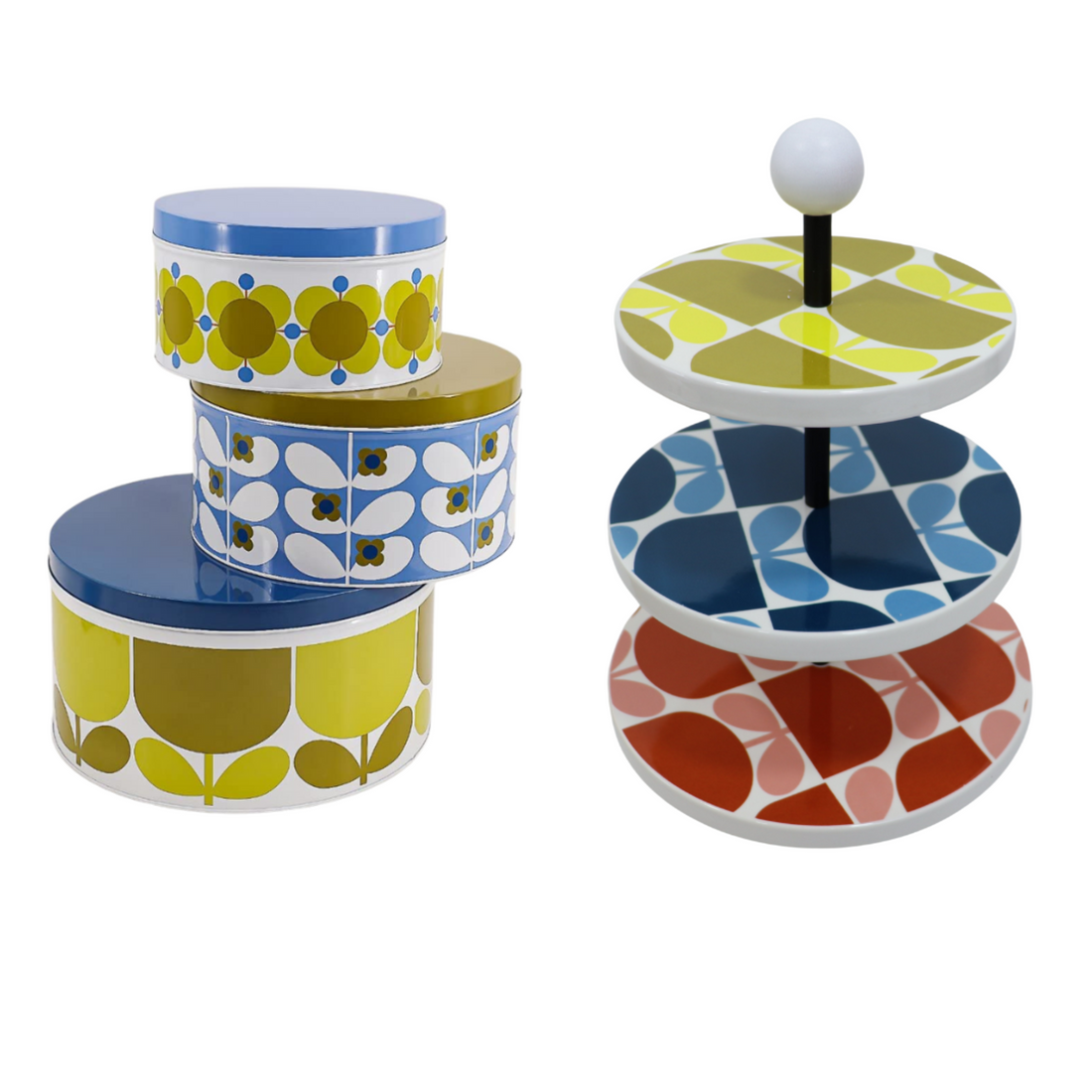 Orla Kiely Block Cake Stand SECONDS &amp; Set of 3 Nesting Cake Tins