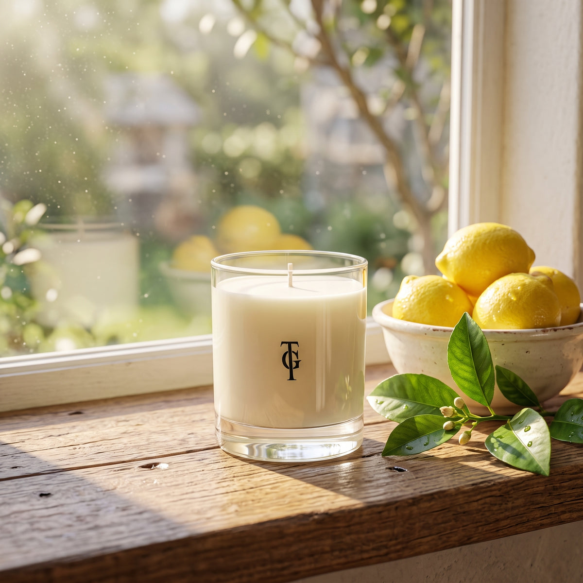 A clear glass jar candle with white wax sits on a rustic wooden windowsill, with a black monogram logo on the front. A bowl of lemons and green leaves rests beside it, and a softly blurred outdoor garden is visible through the window.