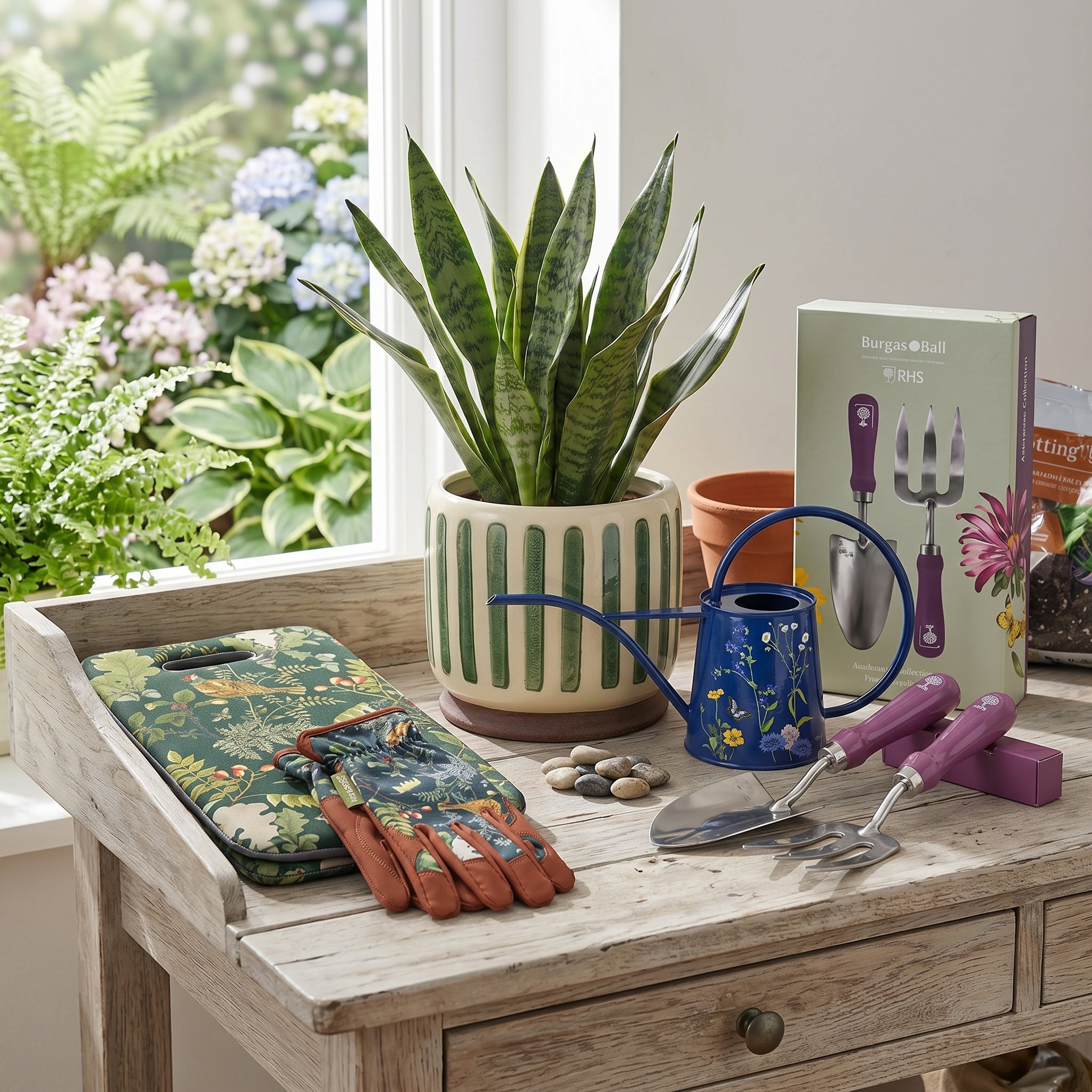 a table with gardening tools and gloves on it