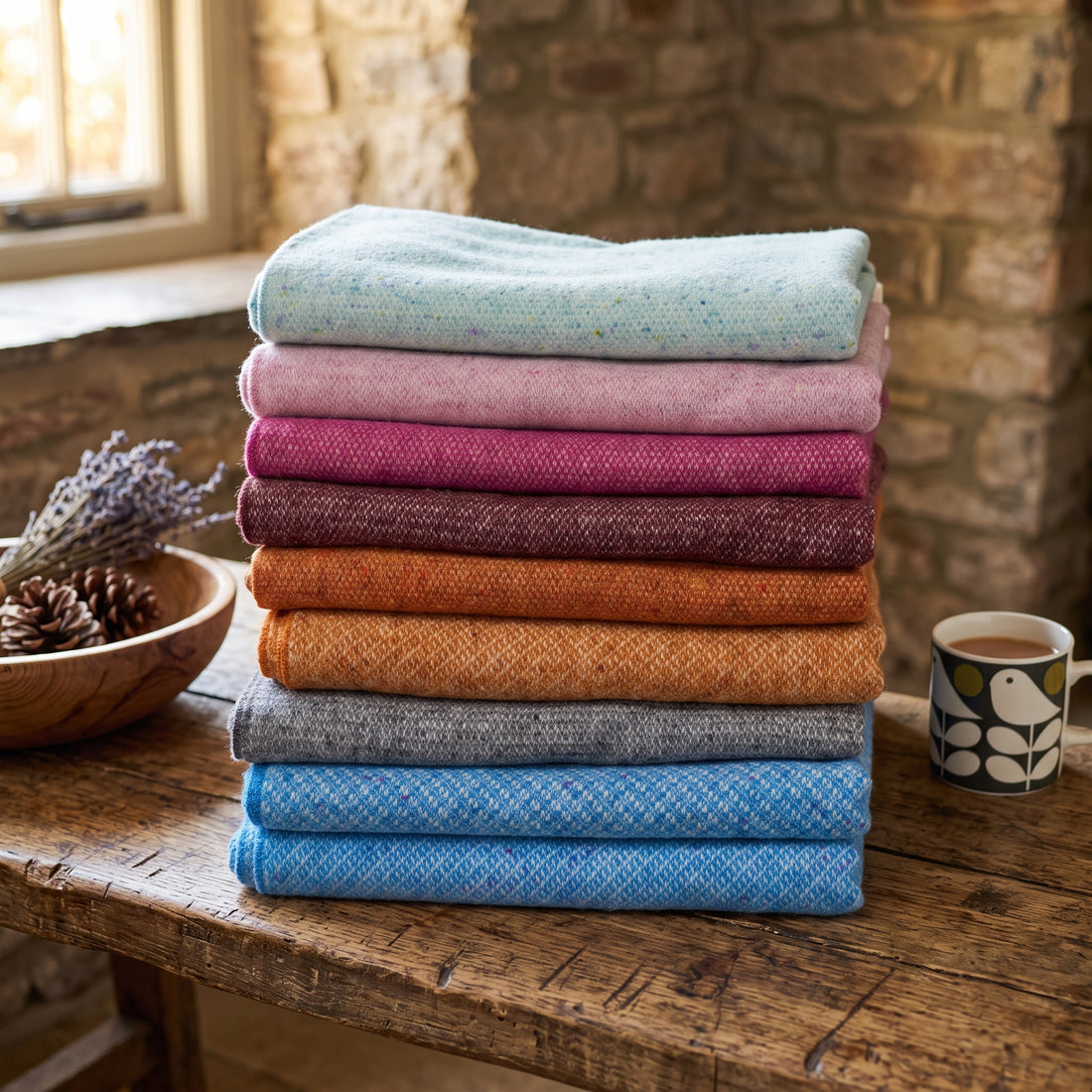 a stack of colorful blankets on a table