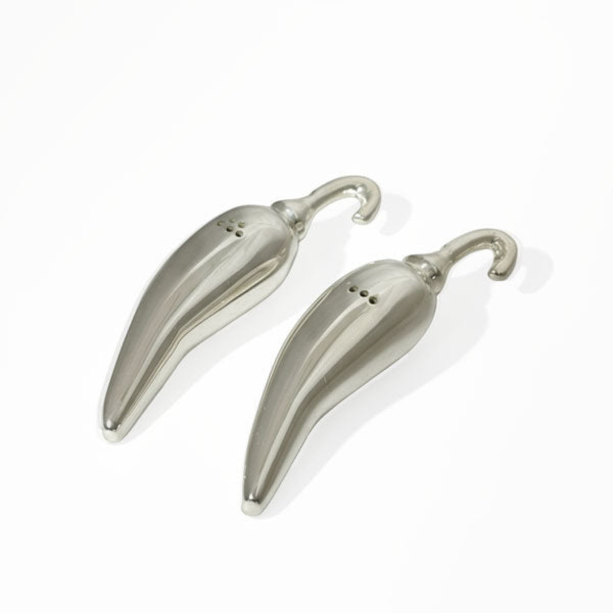 A pair of metallic silver pepper-shaped earrings with hook backs, displayed on a clean white background.