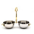 A pair of hammered silver bowls with gold-toned handles and side grips, displayed on a clean white background.