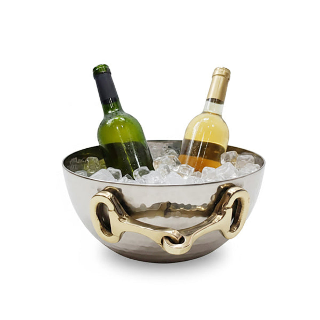 A hammered silver wine bucket filled with ice, holding two wine bottles, on a white background.
