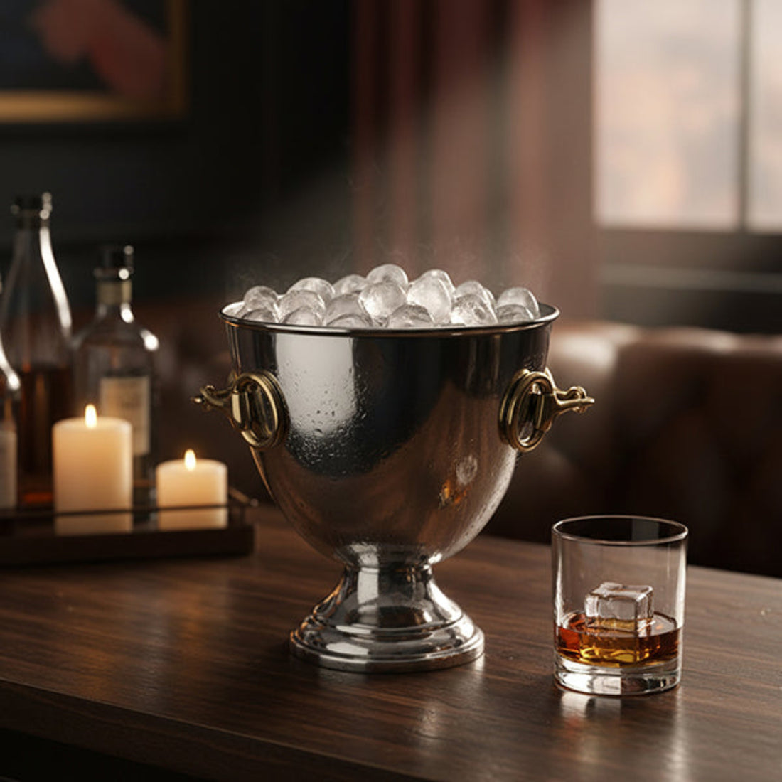 A polished silver ice bucket filled with clear ice sits on a dark wooden table, with a small whiskey glass nearby and softly blurred bottles and candles in the background.