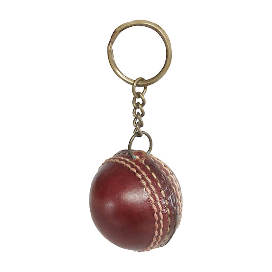 Keychain shaped like a red leather cricket ball with a gold ring on a white background