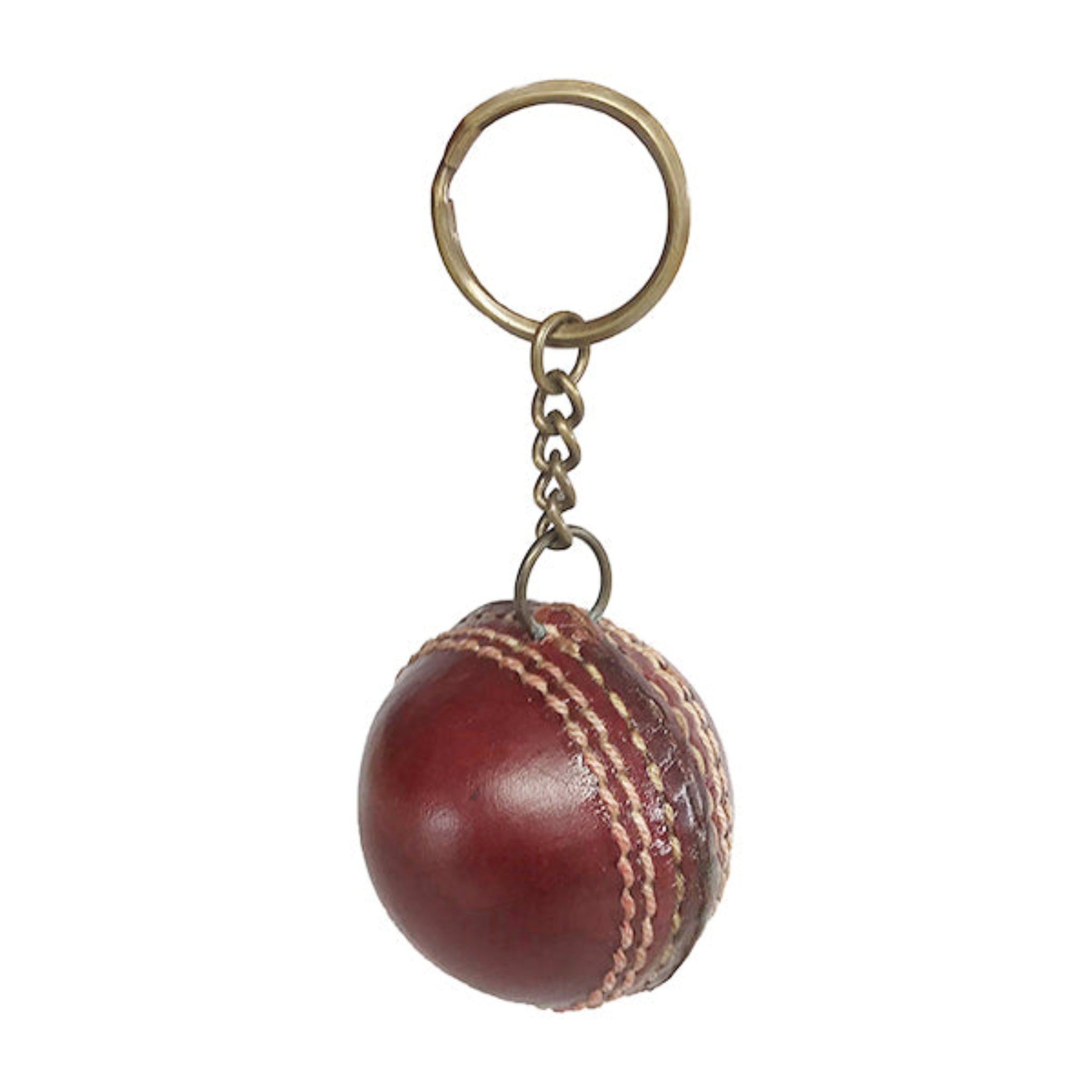 Keychain shaped like a red leather cricket ball with a gold ring on a white background