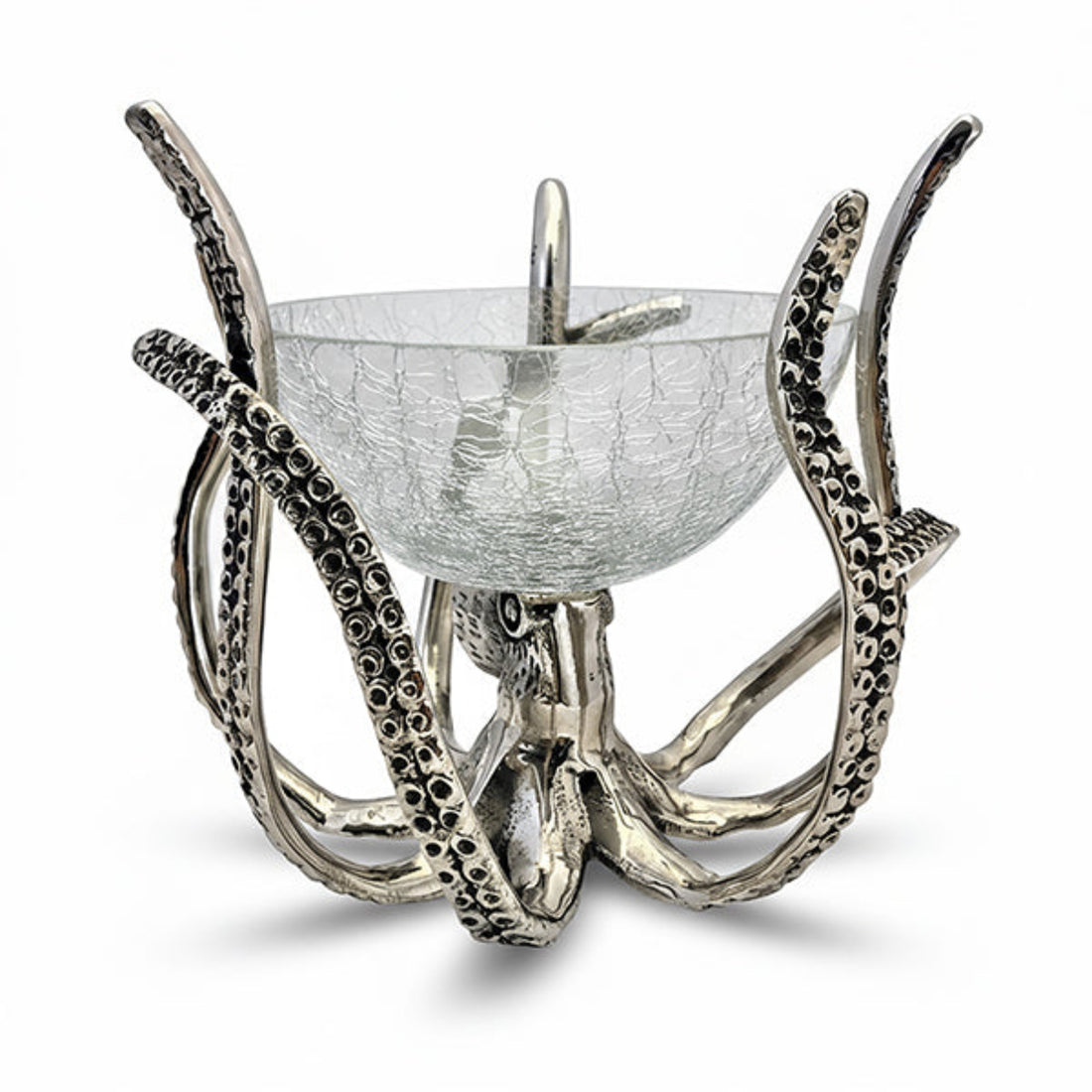 Decorative silver octopus candle holder with a glass bowl on a white background