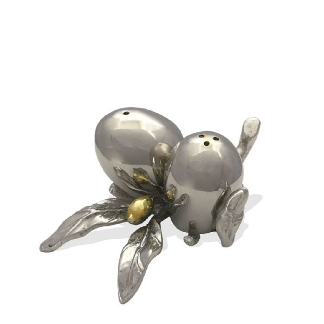 A pair of metallic salt and pepper shakers shaped like stylized fruits or berries with leafy stems, finished in polished silver-tone metal with a small gold accent, shown on a white background.