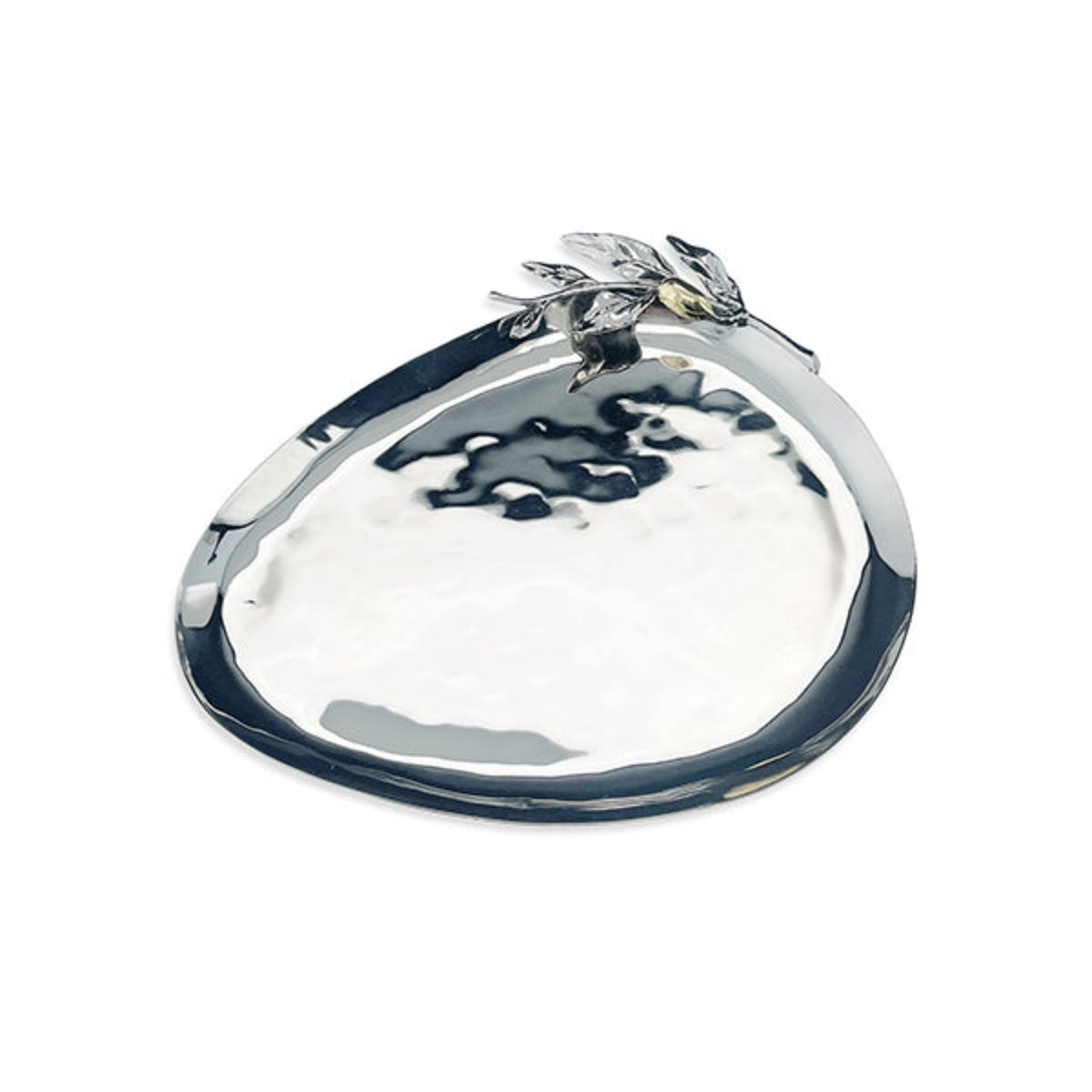 A polished silver-toned metal tray with a hammered texture and a sculpted leaf detail on the rim, shown on a plain white background.