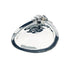 A polished silver-toned metal tray with a hammered texture and a sculpted leaf detail on the rim, shown on a plain white background.