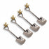 Four miniature shovel-shaped metal ornaments arranged diagonally on a plain white background. Each shovel has a hammered silver-toned blade and a polished gold-toned bird-shaped handle loop.