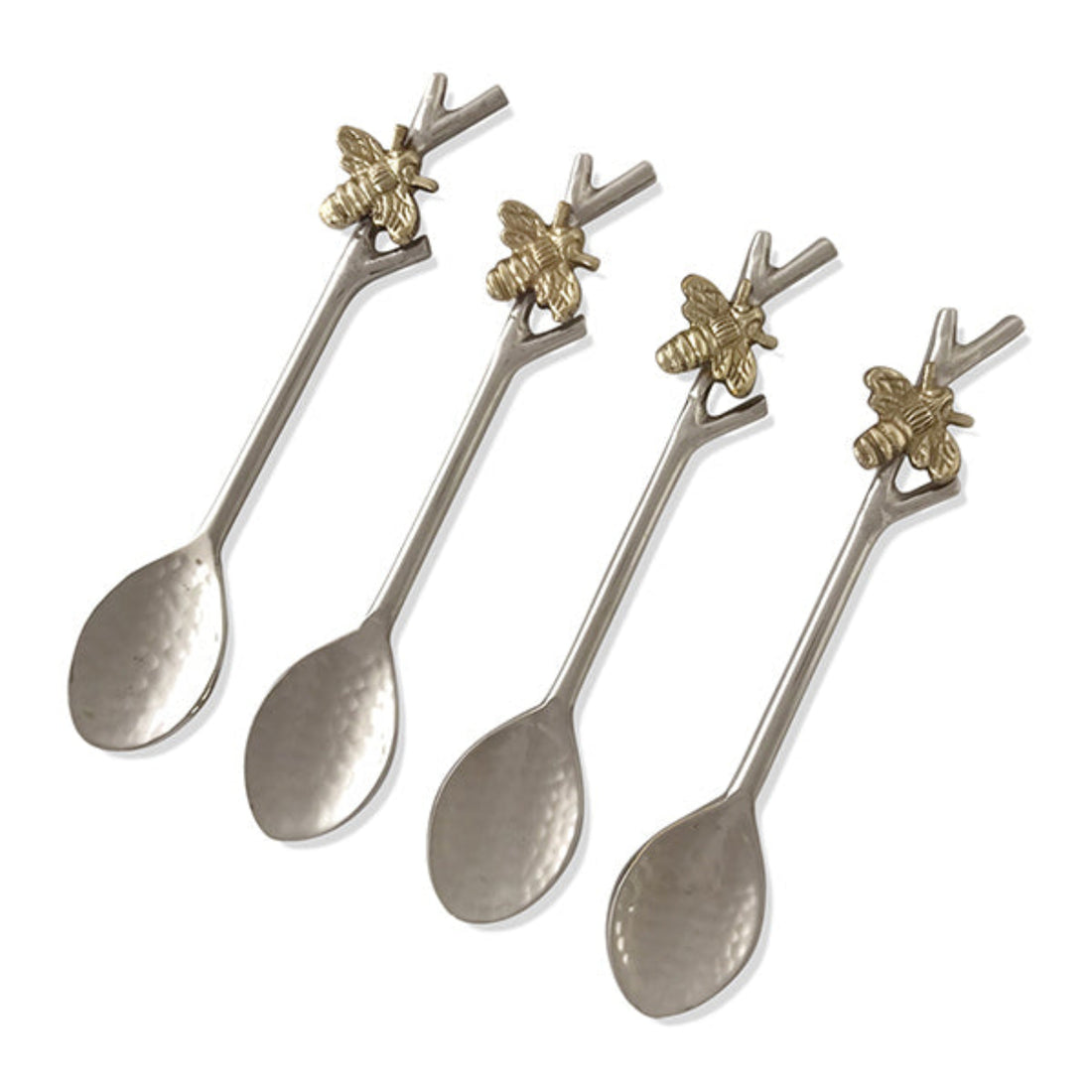 Four silver-toned metal spoons with decorative brass bee and branch handles, arranged diagonally on a white background.