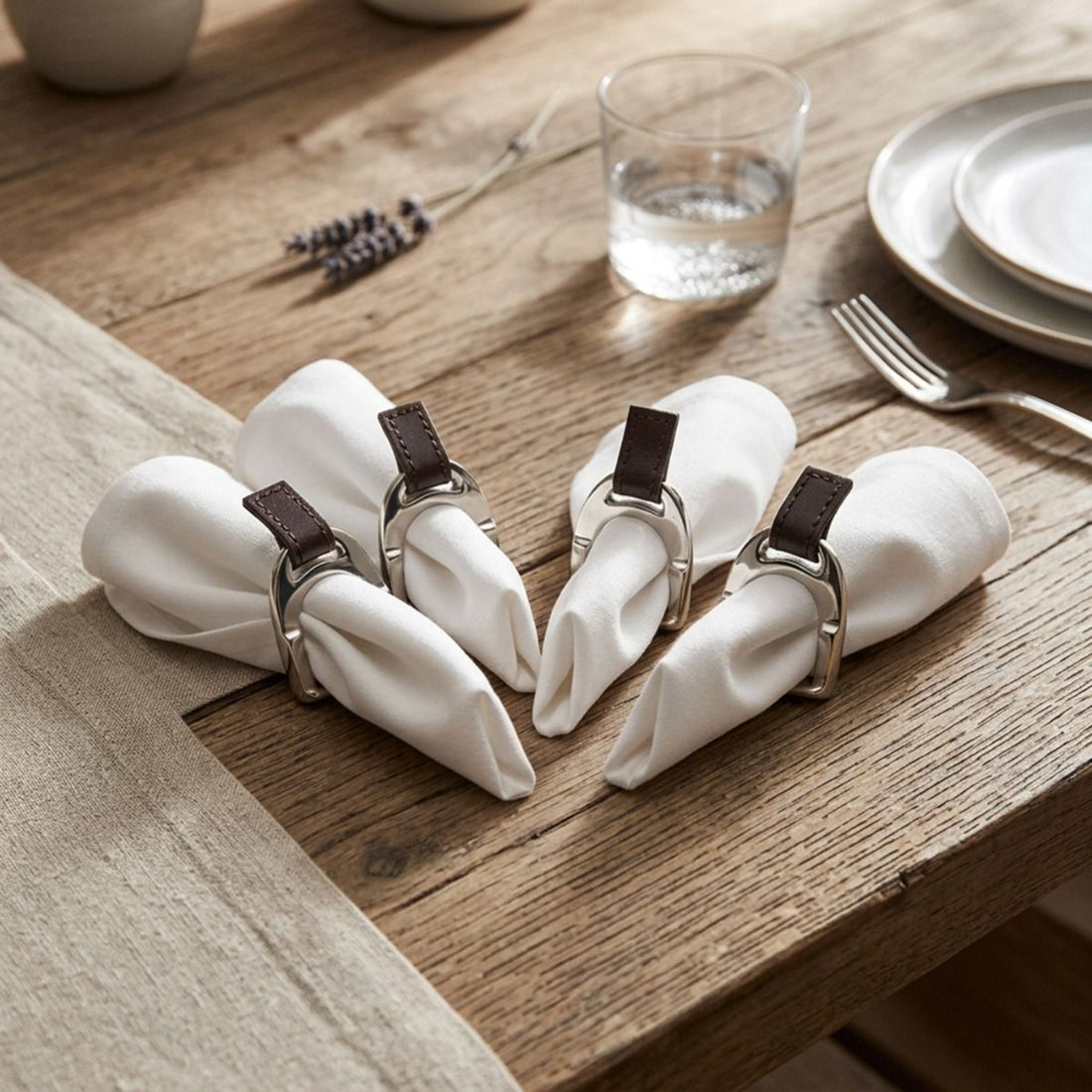 Four white cloth napkins rolled and secured with silver-toned metal rings that have dark brown leather tabs, arranged on a rustic wooden table with a glass, plates, and cutlery nearby.