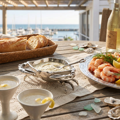 Outdoor dining table with seafood, bread, and wine by the sea.