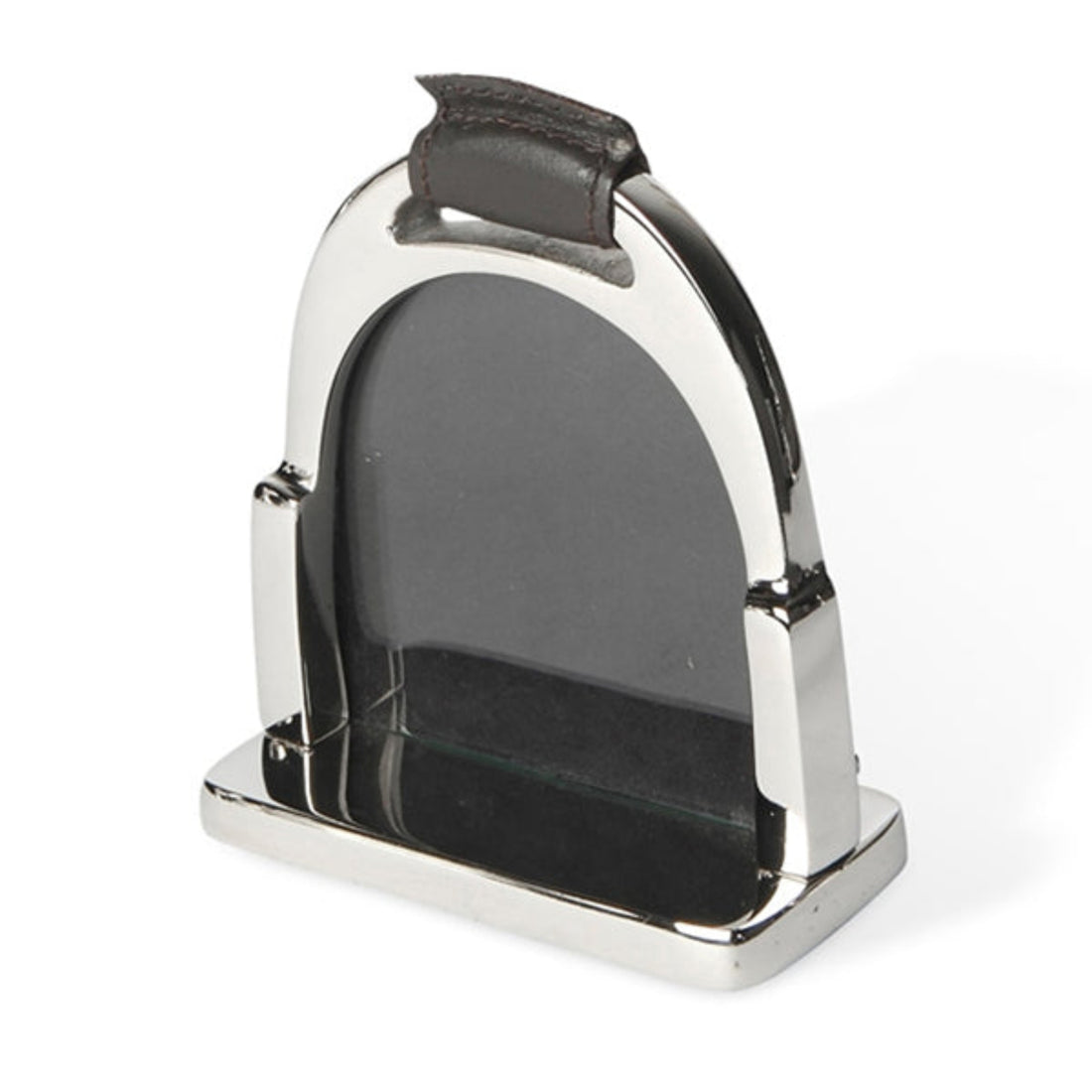 Silver metal stirrup with black leather grip on a white background