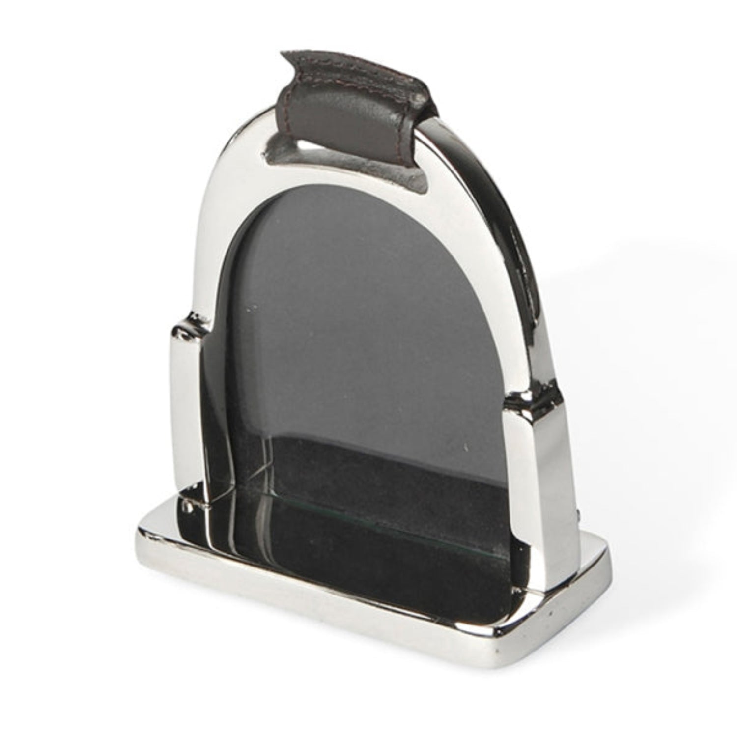 Silver metal stirrup with black leather grip on a white background