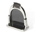 Silver metal stirrup with black leather grip on a white background
