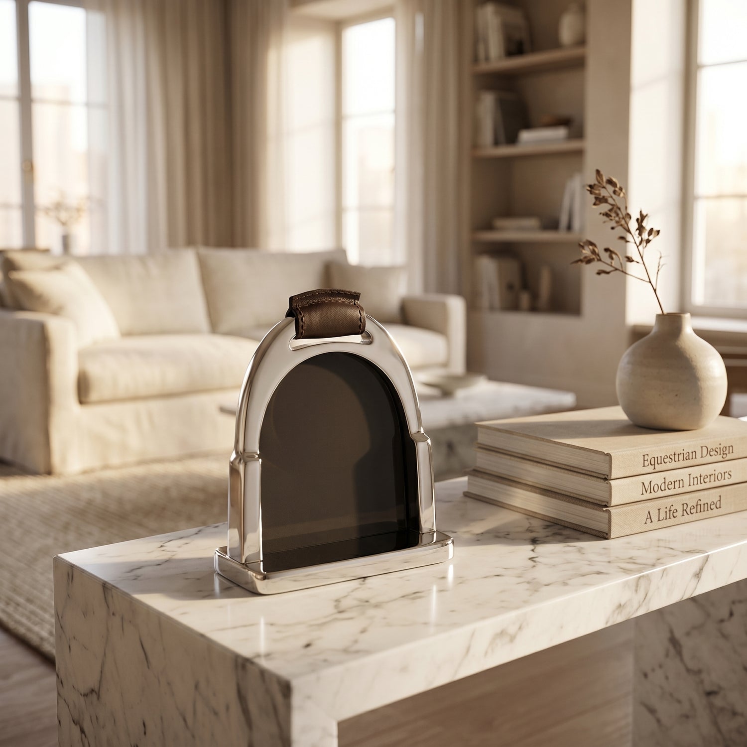 Decorative equestrian boot on a marble surface with books and a vase in a living room setting