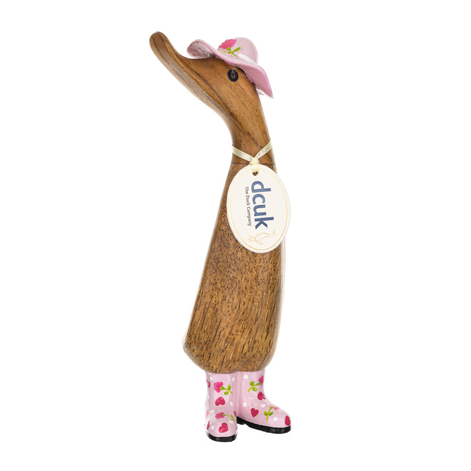 Wooden duck toy with a pink hat and boots on a white background