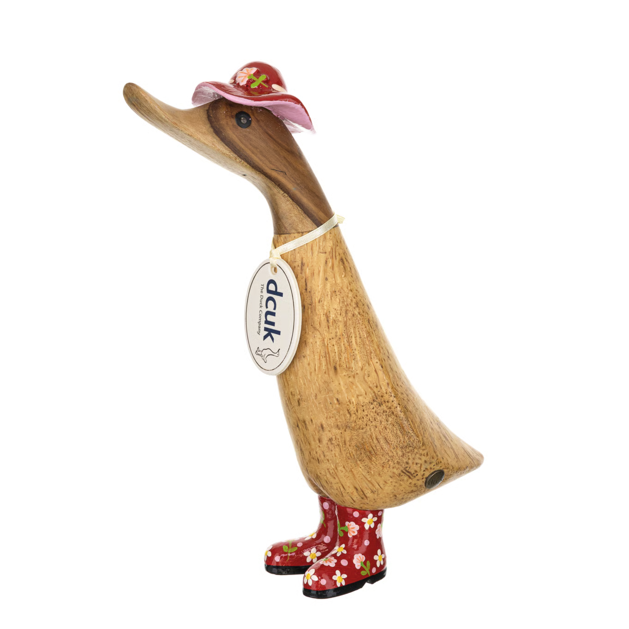 Decorative duck figurine with a hat, boots, and a visible brand tag on a white background