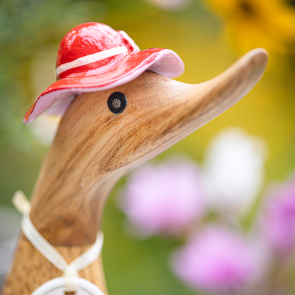 Wooden duck with a red and white hat against a blurred natural background