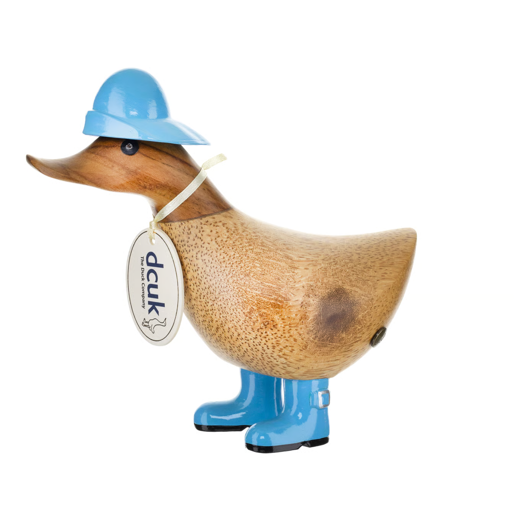 Wooden duck figurine with a blue hat and boots on a white background